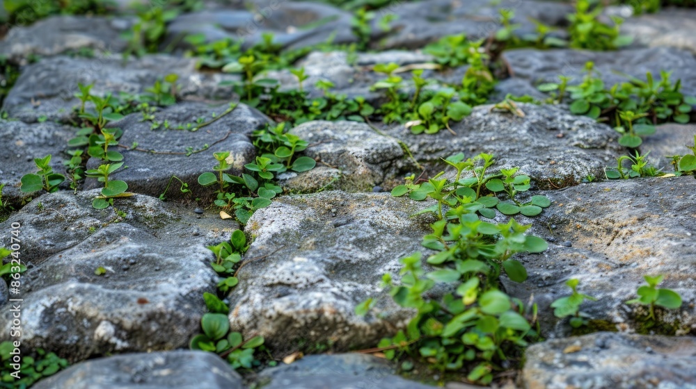 Weed Control on Stone Pavement with Copy Space Weed Control on Stone Pavement with Copy Space