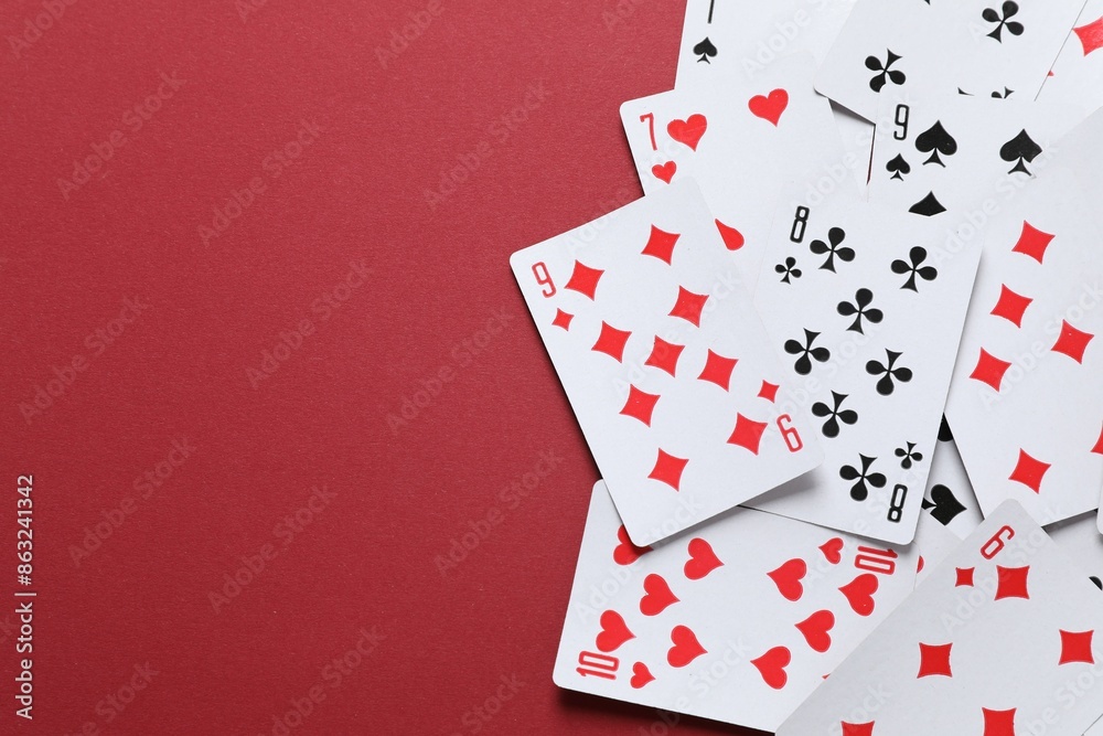 Playing cards on color background, top view. Gambling concept Playing cards on color background, top view. Gambling concept