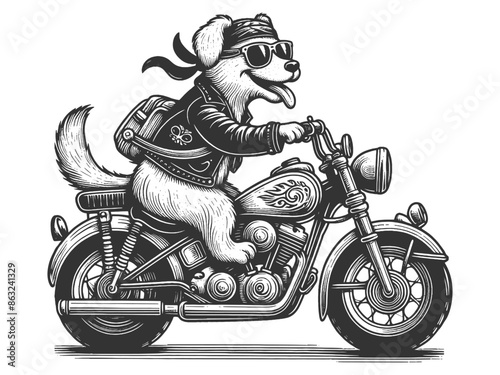 cheerful dog puppy riding a motorcycle, exuding adventure and fun sketch engraving generative ai fictional character vector illustration. Scratch board imitation. Black and white image.