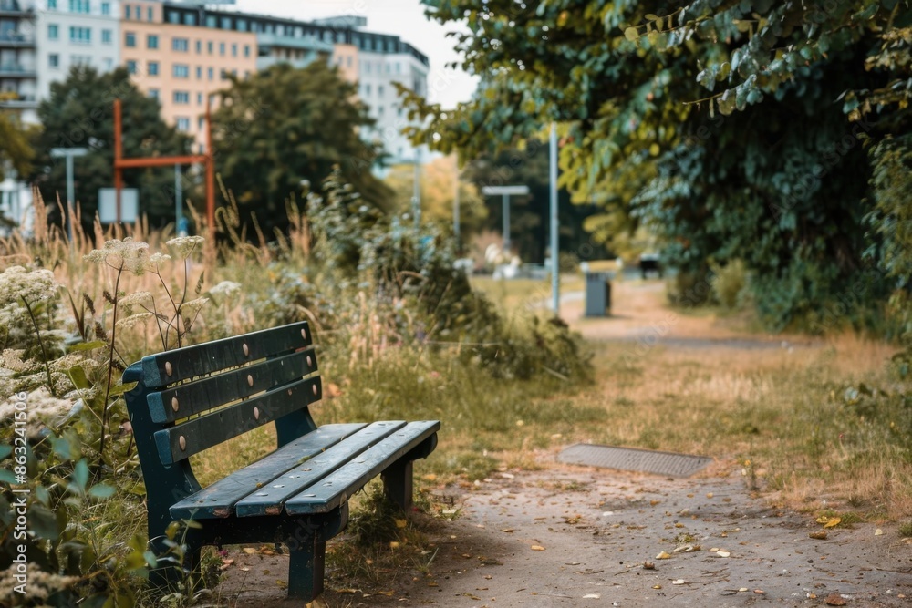 A serene cityscape featuring a green bench in a lush park setting, with buildings in the background and a walking path lined with greenery. A serene cityscape featuring a green bench in a lush park setting, with buildings in the background and a walking path lined with greenery.
