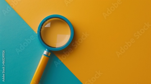 A magnifying glass lies on a blue and orange background. The glass is tilted, and the handle is visible. The image is minimalist and colorful. photo