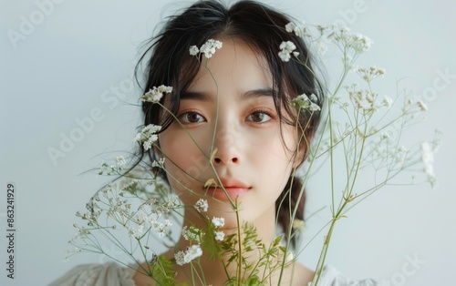 Young Woman With Dark Hair Holding Flowers and Looking at Camera