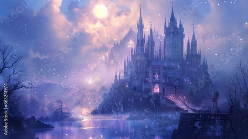 A majestic castle stands tall on a hilltop, bathed in moonlight and surrounded by a shimmering river