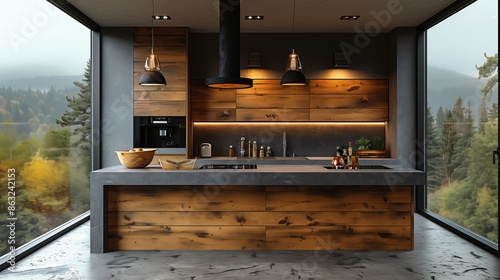 Modern luxury kitchen with panoramic forest view combining wood and black elements in mountain home. Concept of contemporary interior design and nature integration.
