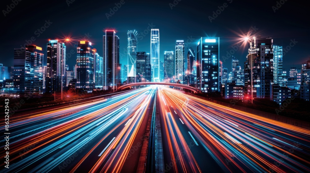 Fototapeta premium A mesmerizing cityscape at night, featuring dynamic light trails from moving vehicles, creating a vibrant, futuristic ambiance with tall skyscrapers in the background.