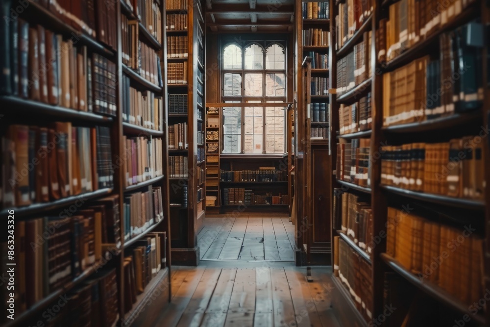 A narrow, wood-paneled library corridor lined with bookshelves, bathed in soft light from a large window. A narrow, wood-paneled library corridor lined with bookshelves, bathed in soft light from a large window.