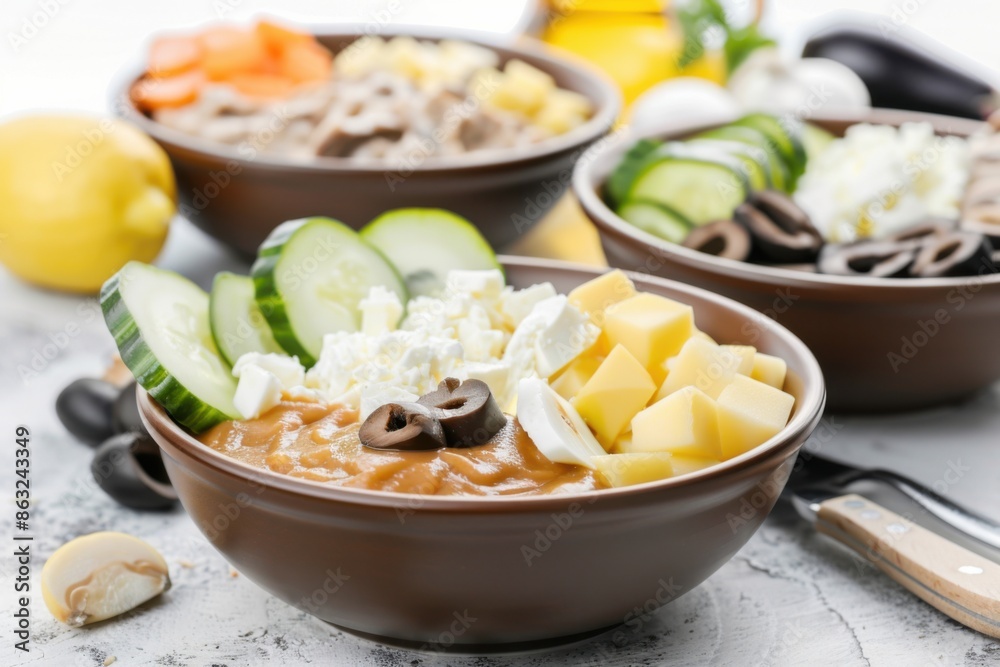 A vibrant and appetizing image of three salad bowls, each featuring fresh ingredients like cucumbers, cheese, olives, and various dressings, isolated on a light background. A vibrant and appetizing image of three salad bowls, each featuring fresh ingredients like cucumbers, cheese, olives, and various dressings, isolated on a light background.