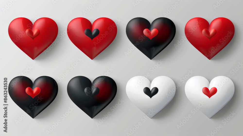 A set of heart symbols in red, black, and white. These heart icons are simple and easy to understand, making them perfect for any design project. A set of heart symbols in red, black, and white. These heart icons are simple and easy to understand, making them perfect for any design project.