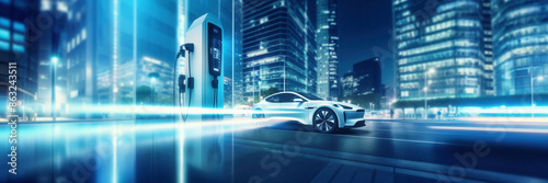 Futuristic electric car in futuristic night city and charging station
