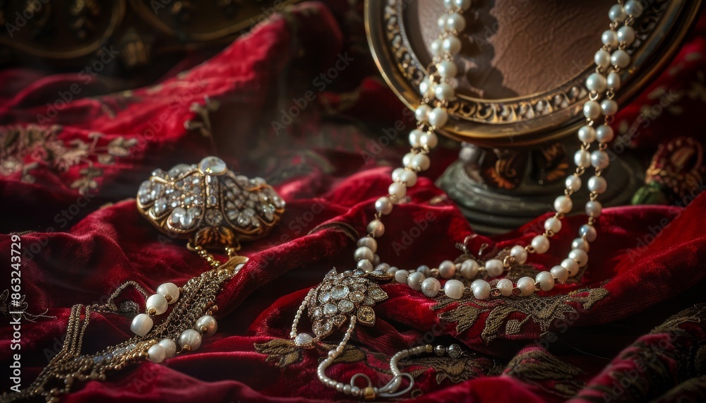 Obraz premium A pearl necklace and jeweled brooch lay on a red velvet cloth next to a vintage vanity mirror.