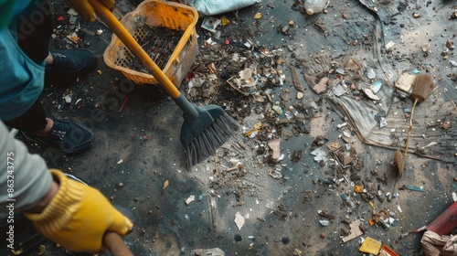 A person sweeps a dirty floor with a broom, debris and trash scattered around. photo