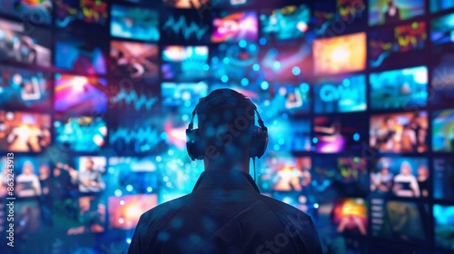 A person wearing headphones stands in front of a wall of glowing screens, representing the overwhelming amount of media available today. © Pornarun