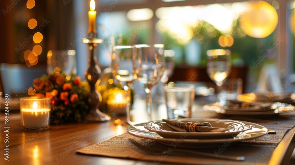 A beautifully set dining table with elegant glassware, plates, and candles, creating a warm and inviting atmosphere for a special meal. A beautifully set dining table with elegant glassware, plates, and candles, creating a warm and inviting atmosphere for a special meal.