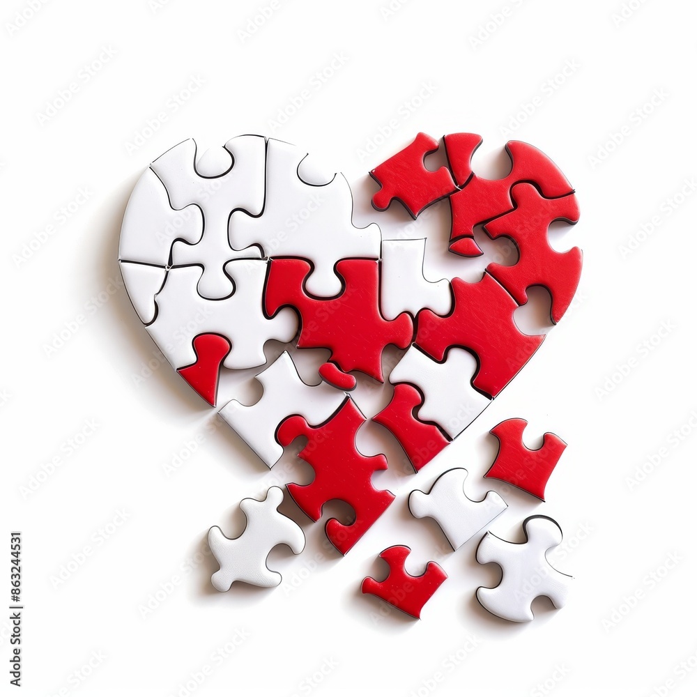 A red and white heart-shaped puzzle with several pieces missing, symbolizing broken love or incomplete relationships. A red and white heart-shaped puzzle with several pieces missing, symbolizing broken love or incomplete relationships.