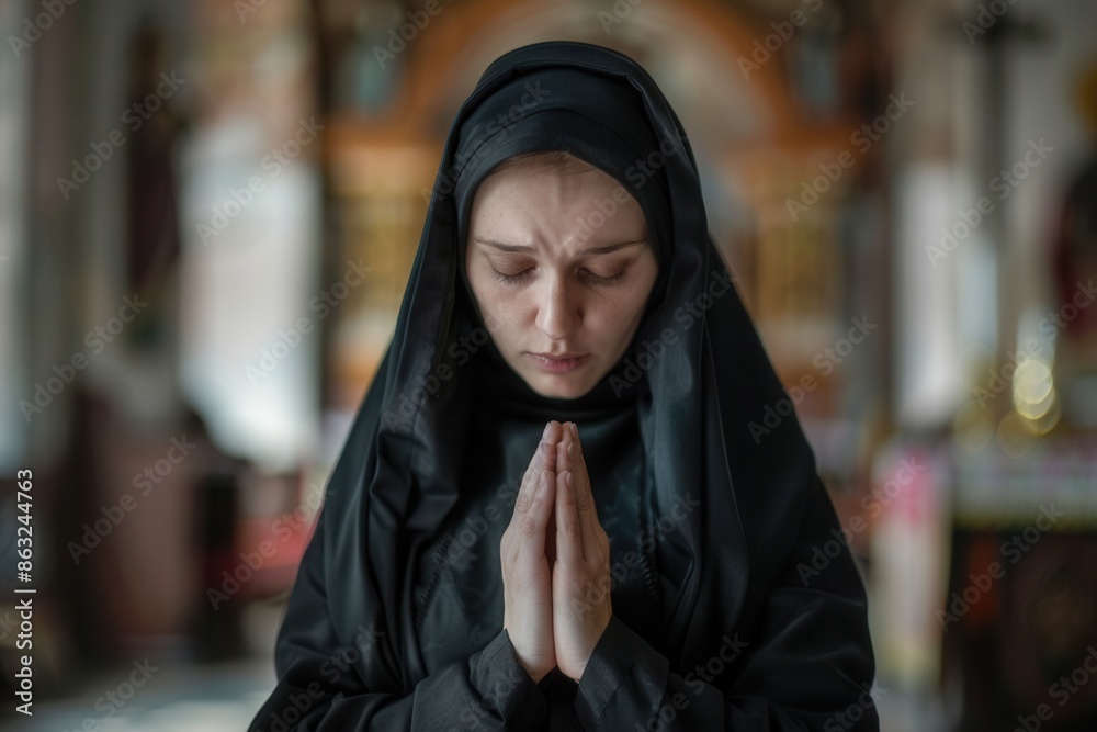 A serene Caucasian nun, wearing a black habit, is deeply engrossed in prayer inside a church. Generative AI A serene Caucasian nun, wearing a black habit, is deeply engrossed in prayer inside a church. Generative AI