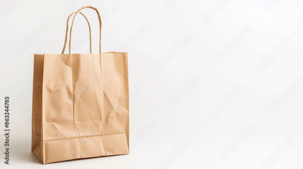 A brown paper bag is all alone on a white background. It is a symbol for shopping. A brown paper bag is all alone on a white background. It is a symbol for shopping.