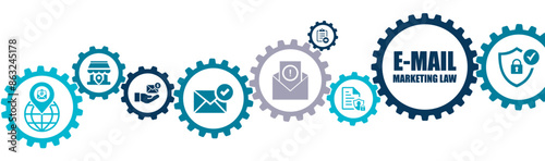 E-Mail Marketing Law banner vector illustration with the icons of physical address, GDPR, spam regulation, list collection, advertising disclosure, origin, privacy, permission on white background.