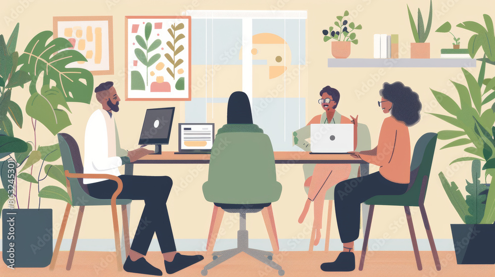 Job interview held online, using video call. HR team talks to the job seeker over a video call. Employer and employee meet virtually. Job interview held online, using video call. HR team talks to the job seeker over a video call. Employer and employee meet virtually.