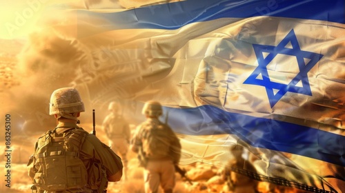 An AI-generated image of Israeli soldiers standing under the Israeli flag, blending realism with a digital artistic style. photo