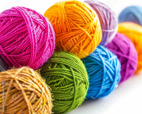 A row of colorful yarn balls arranged in a staggered pattern on a white background.