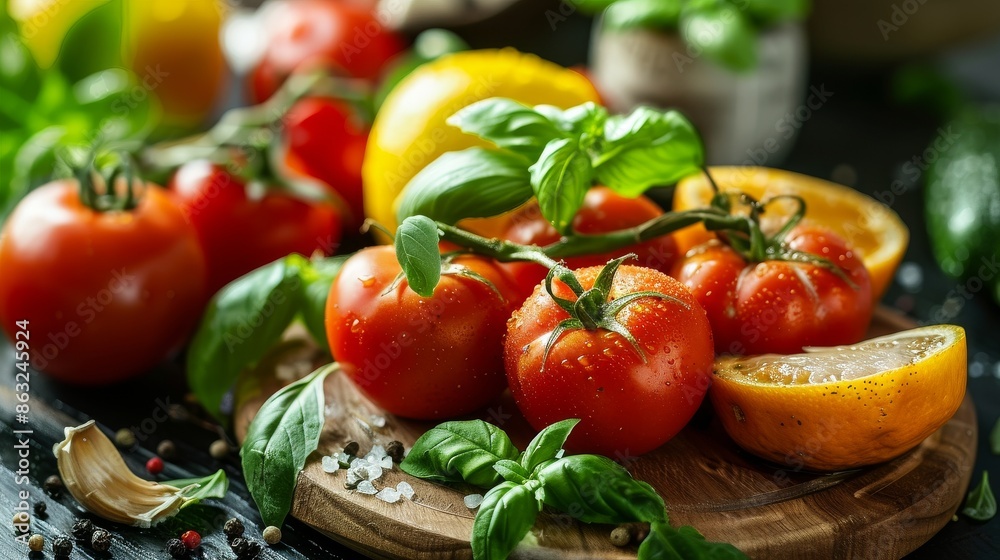 A rustic wooden board piled with ripe tomatoes, fresh basil, garlic, and citrus wedges. A rustic wooden board piled with ripe tomatoes, fresh basil, garlic, and citrus wedges.