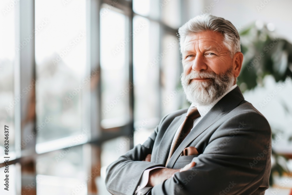 A happy middle-aged business man, likely a CEO, standing confidently in a modern office with large windows and plants in the background. A happy middle-aged business man, likely a CEO, standing confidently in a modern office with large windows and plants in the background.