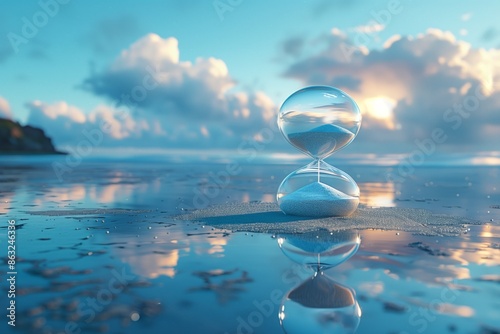 Glass Hourglass on Sandy Beach at Sunset With Blue Sky and Clouds photo