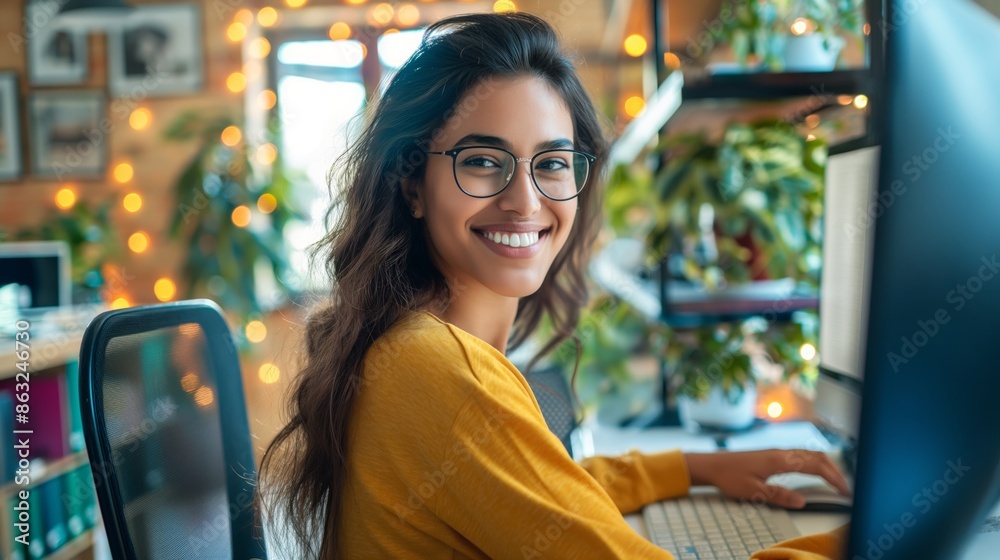 Woman working at a computer desk, smiling, in a cozy, well-lit office with plants. Woman working at a computer desk, smiling, in a cozy, well-lit office with plants.