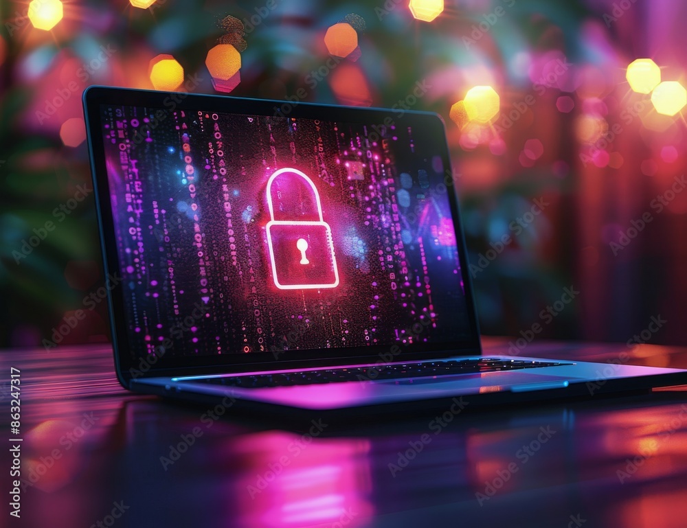 Laptop Displaying A Digital Lock Icon On A Table In A Living Room