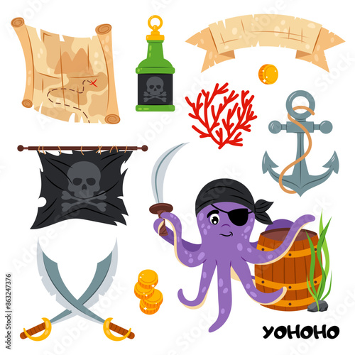 Octopus. Cartoon octopus with different pirate items on a white background. Pirate in flat style. Set of cartoon pirate elements for children.