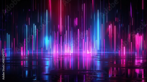 A captivating scene of a dark stage illuminated by vibrant neon lights, featuring vertical beams in pink and blue, with reflective surfaces enhancing the futuristic ambiance.