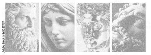 Abstract Greek statues with pointillist halftone stipple effect, for grunge punk y2k collage design. Pop Art style dotted antique renaissance elements. Vector illustration for vintage poster