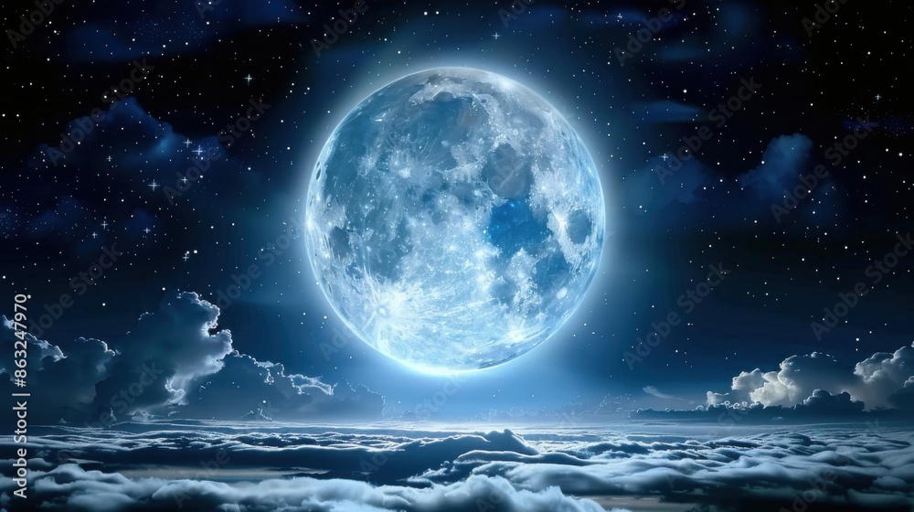 A captivating full moon illuminates the clouds and stars in a night sky, creating a serene and ethereal atmosphere. A captivating full moon illuminates the clouds and stars in a night sky, creating a serene and ethereal atmosphere.