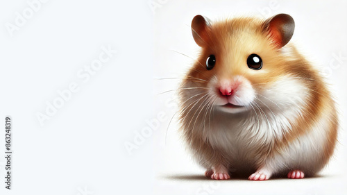Close-up of an adorable brown and white hamster sitting on a white background with copy space. Concept: pet care, animal mascot, and cuteness overload. Ideal for pet products, advertisements