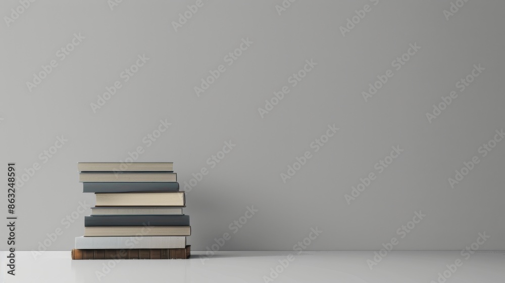 A stack of books against a plain white wall. A minimalist image for a book lover's home office. A stack of books against a plain white wall. A minimalist image for a book lover's home office.
