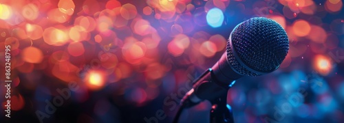 A Close-Up of a Microphone on a Stage With Blurred Lights