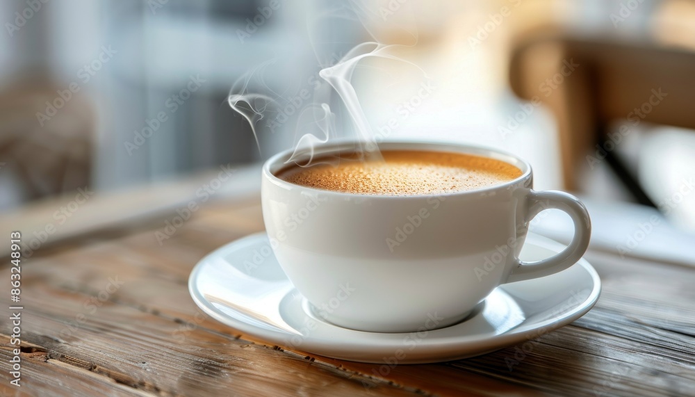 Fototapeta premium A steaming cup of coffee on a rustic wooden table, perfect for a cozy morning or afternoon break.