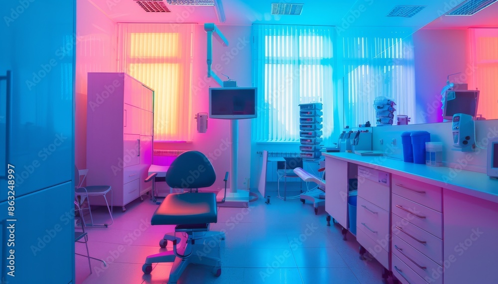 Fototapeta premium A sterile medical examination room bathed in blue and pink neon light.