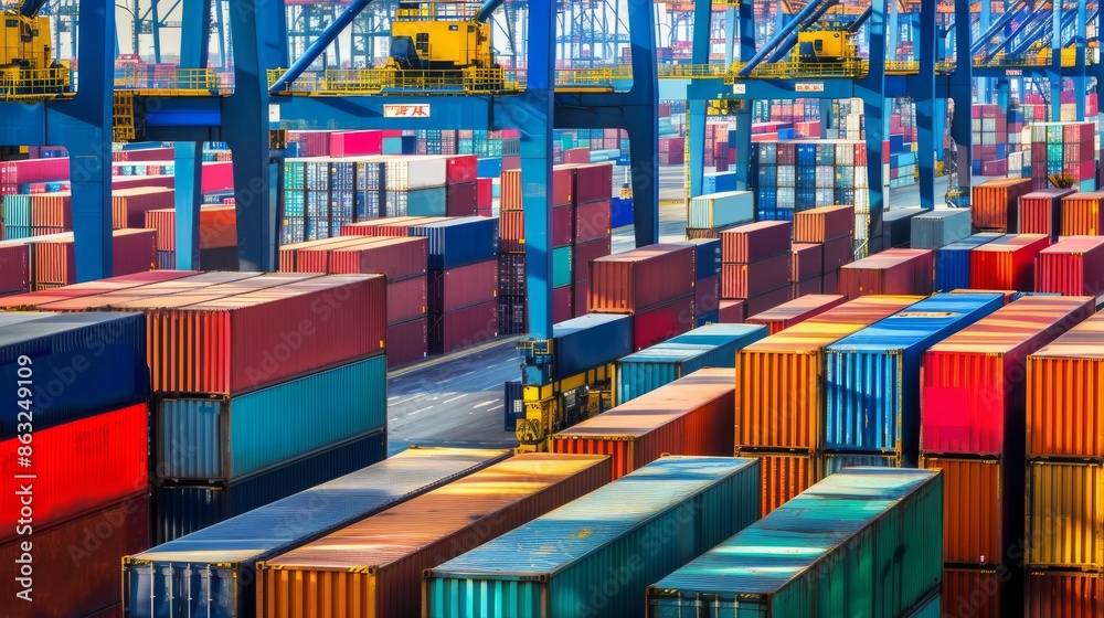High Tech Container A high-tech harbor with efficient cranes managing colorful containers ...