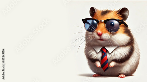 A stylish hamster wearing sunglasses and a tie, standing against a plain white background with copy space. Concept: cool pet, professional look, fashionable rodent. Ideal for pet-related content © AI ART WORLD