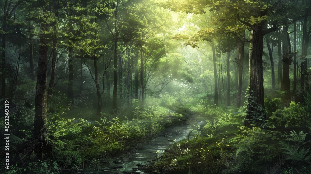 A sunlit path winds through a lush, green forest, with ferns lining the banks of a small stream. A sunlit path winds through a lush, green forest, with ferns lining the banks of a small stream.