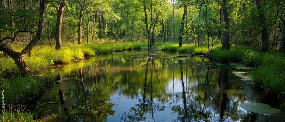 A tranquil forest stream reflects the surrounding greenery.