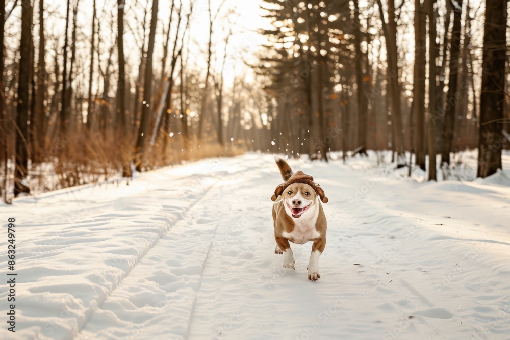 A cute dachshund dog, wearing a Santa hat, is running joyfully along a snowy forest path. The sunlight filters through the bare trees, creating a magical winter scene. A cute dachshund dog, wearing a Santa hat, is running joyfully along a snowy forest path. The sunlight filters through the bare trees, creating a magical winter scene.