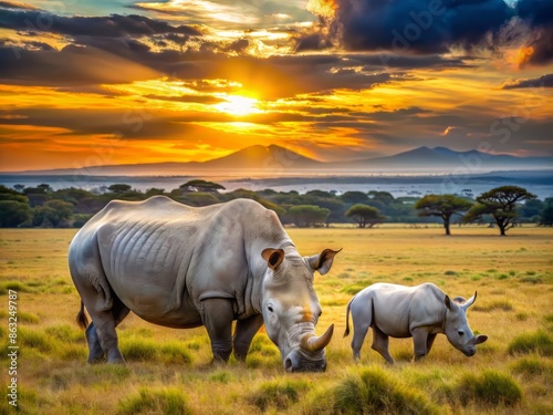 A tranquil White rhino family, mother and calf, graze peacefully during a breathtaking sunset at Ol Pejeta Conservancy in Kenya, East Africa, showcasing their majestic beauty.