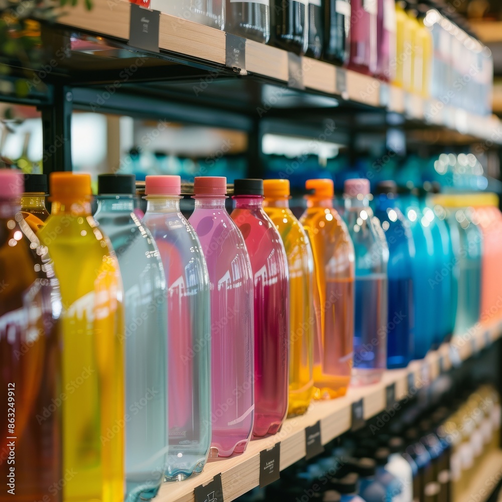 A variety of colorful bottled drinks on a shelf in a store. A variety of colorful bottled drinks on a shelf in a store.