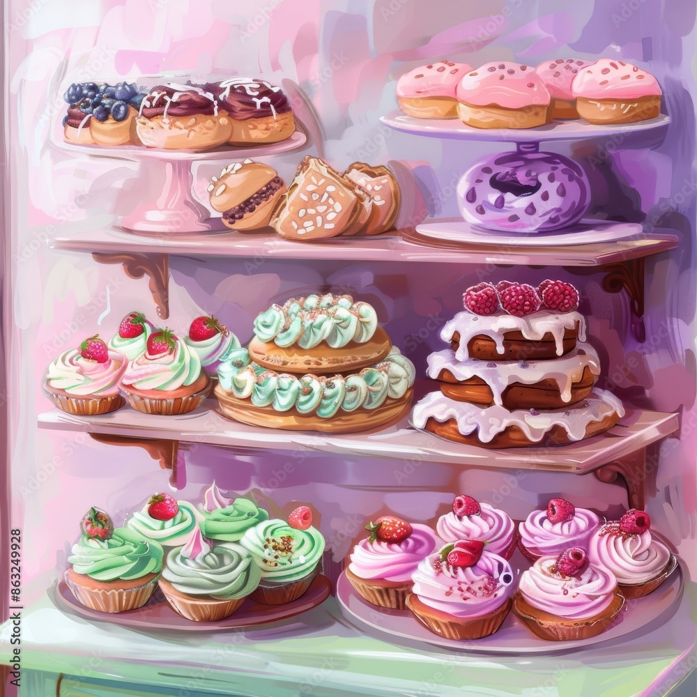 A variety of delicious pastries and cakes are displayed on shelves in a bakery or shop. The colorful and sweet treats are perfect for a celebratory occasion or a special treat. A variety of delicious pastries and cakes are displayed on shelves in a bakery or shop. The colorful and sweet treats are perfect for a celebratory occasion or a special treat.