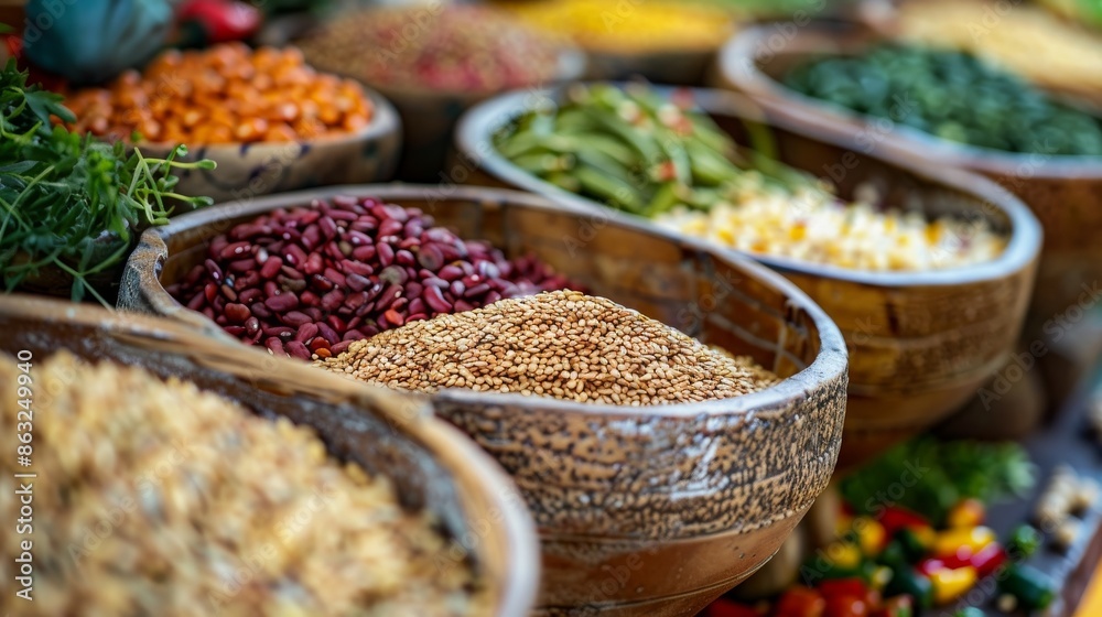 A variety of colorful grains and legumes in wooden bowls at a market stall. A variety of colorful grains and legumes in wooden bowls at a market stall.