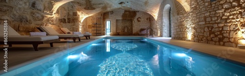 Indoor Swimming Pool With Lounge Chairs in a Stone Building