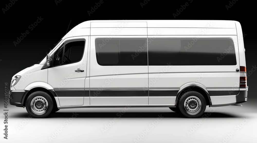 A white delivery van, isolated against a black background, showcasing a side view with clean lines and reflective windows. A white delivery van, isolated against a black background, showcasing a side view with clean lines and reflective windows.