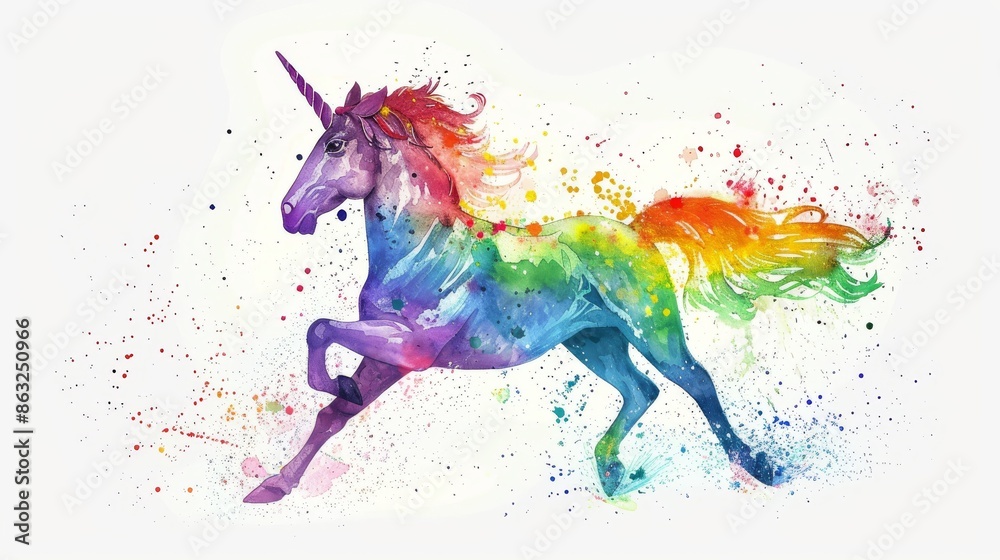 A vibrant rainbow unicorn gallops through a field of colorful splatter paint.